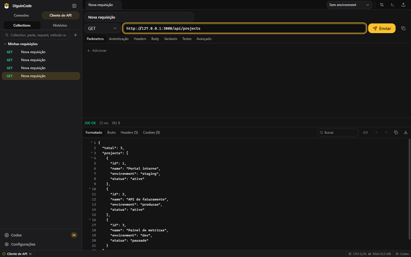 Cliente de APIs do DiguinCode mostrando uma requisição GET para 127.0.0.1 com resposta 200 OK e JSON formatado
