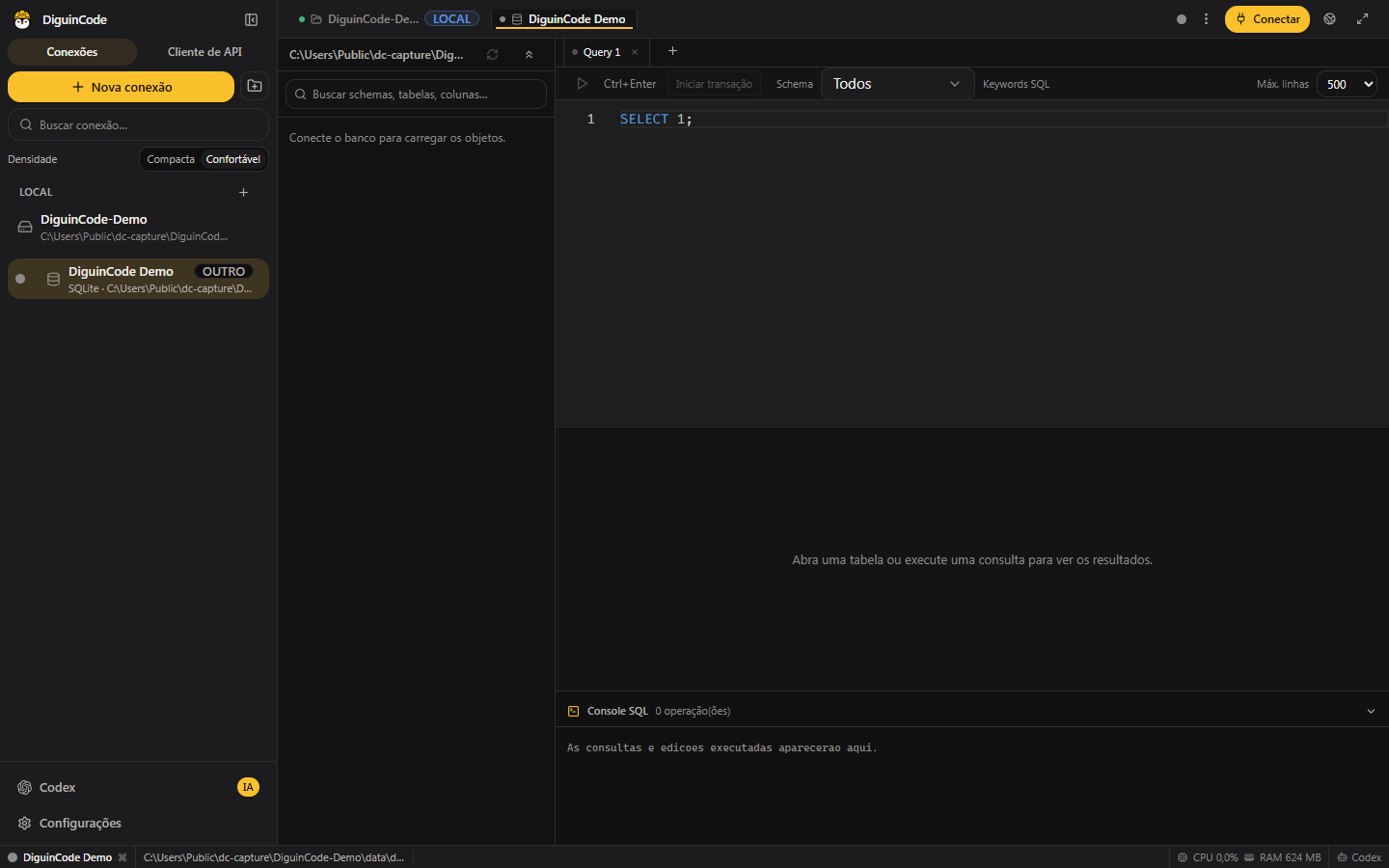 Cliente de banco de dados do DiguinCode conectado a um arquivo SQLite local