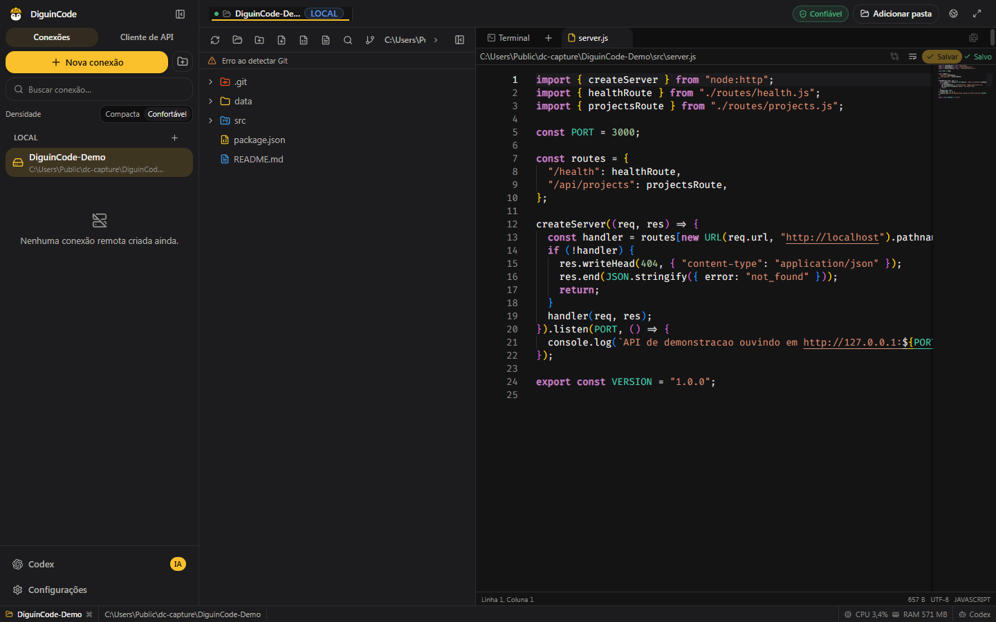 Editor do DiguinCode em tema escuro com um arquivo JavaScript aberto, realce de sintaxe e explorador do projeto