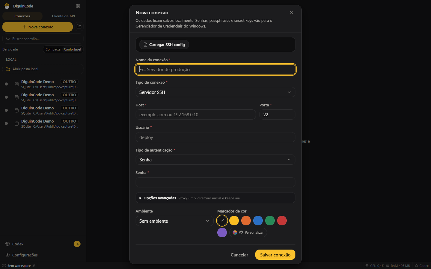 Formulário de nova conexão SSH do DiguinCode com campos de host, usuário e autenticação